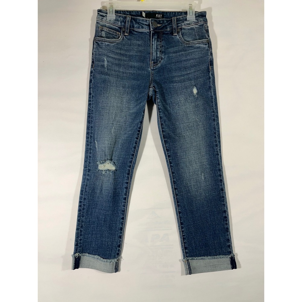 KUT‎ From The Kloth Amy Crop Straight Leg Jeans Distressed Blue Women's Sz 0